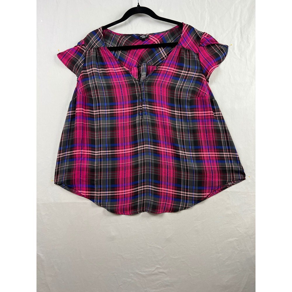 Torrid 1 Harper Blouse Womens 1X Pink Blue Plaid V- Neck Flutter Sleeve